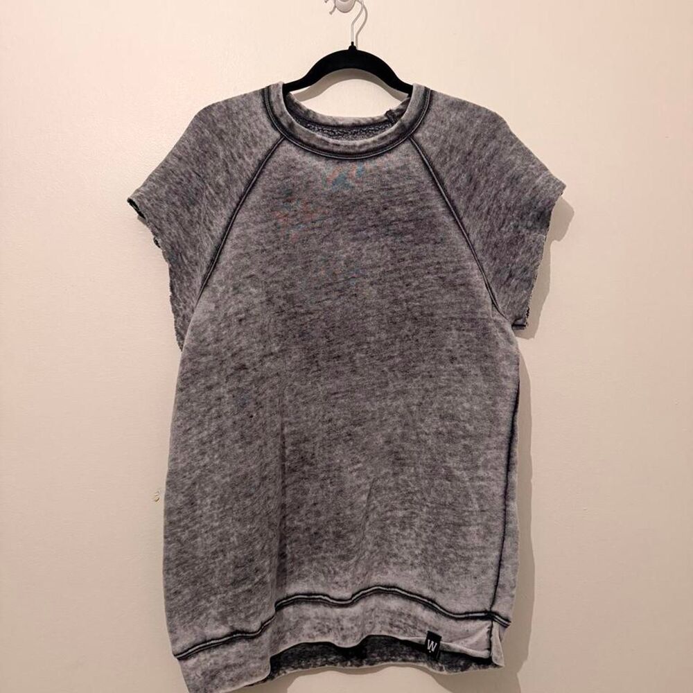 GRUNGE W Star grey acid wash fleece short sleeve sweatshirt top, est. L-XL 🖤✨